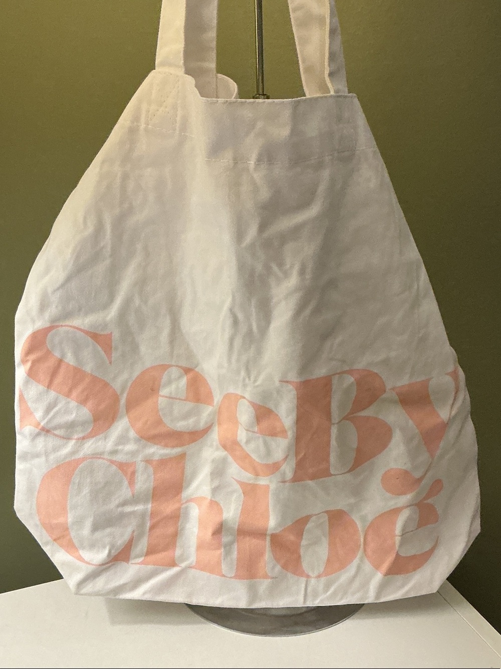 Chloe See By Chloe White Tote with Peach Logo Small Couple Spots Double Handle